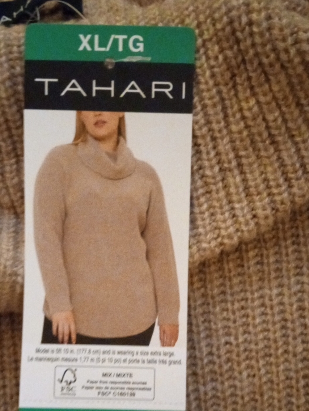 Tahari Women's Tan Cowl Neck Sweater - XL